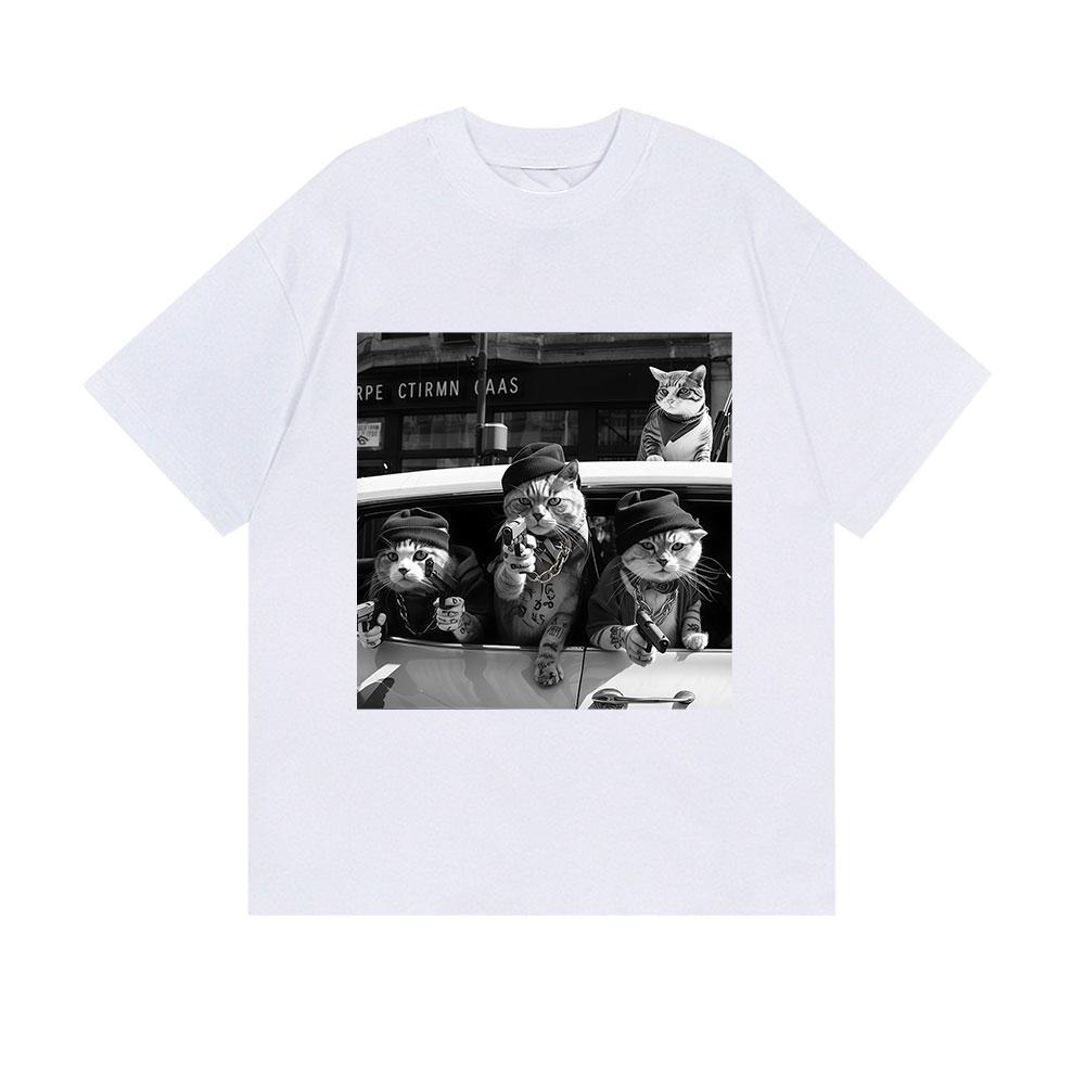 Funny Cat Gang Retro Pattern T-shirt for Men, Hip-hop Humor Clothing, Unisex Gothic Summer Print 100% Pure Cotton T-shirt