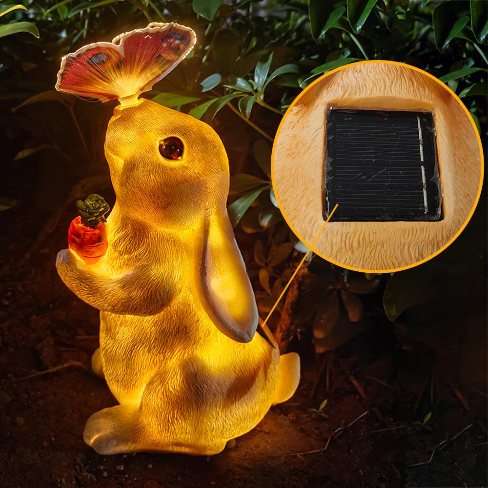 Solar Bunny Statue Garden Decor with Butterfly LED Light Resin Animal Sculpture Figurine Outdoor Decoration for Garden Courtyard
