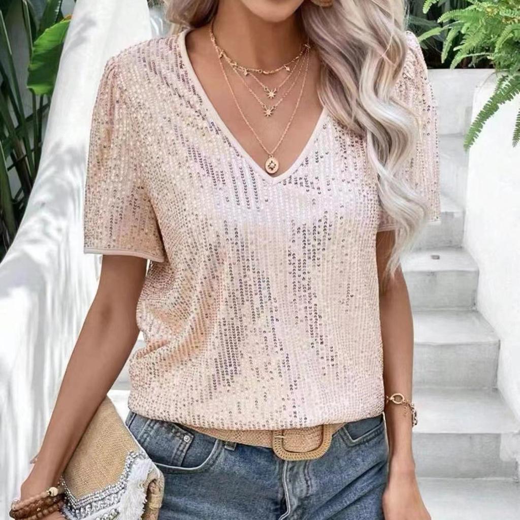 Plus Size Sequins Tops For Women Loose V Neck Short Sleeve Tunic Shirts Dressy Business Casual Party Blouse