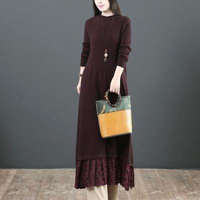 Autumn and Winter Women's Thick Wool Sweater Dress Lace Patchwork Plus Size Knitted Dress Long Casual Dresses