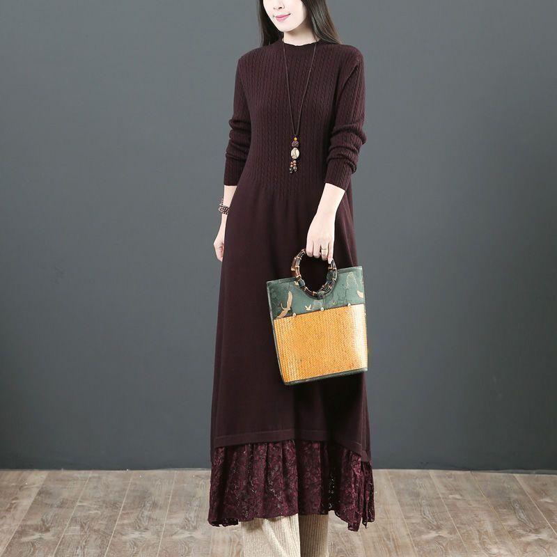 

Autumn and Winter Women s Thick Wool Sweater Dress Lace Patchwork Plus Size Knitted Dress Long Casual Dresses 4XL бордовий