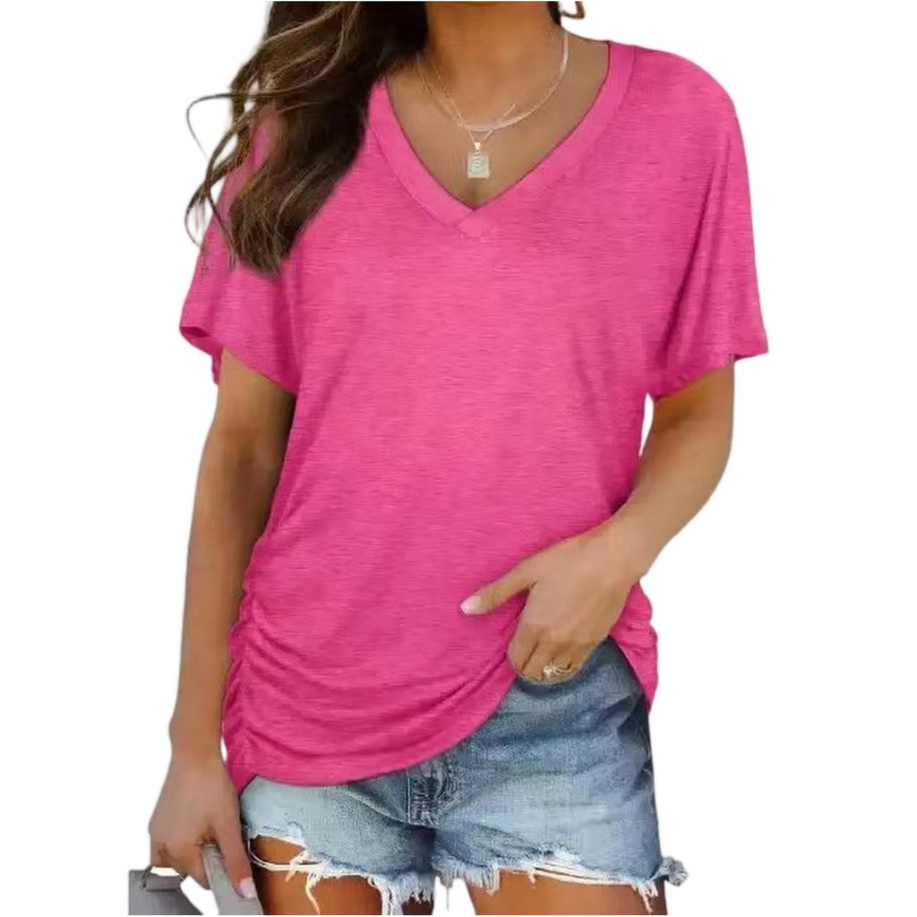 Damen Kurzarm V-Ausschnitt Oberteile mit seitlicher Raffung Bluse T-Shirt