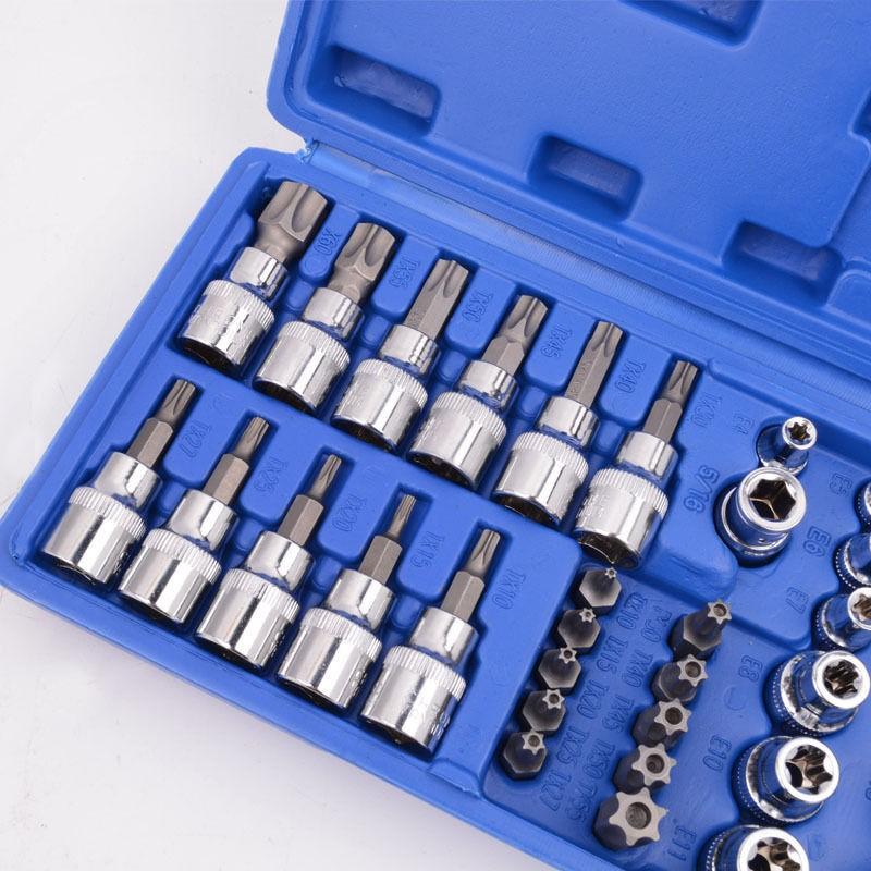 34pcs E-type Star-shaped Sleeve Hexagon Bit Socket Screws Combination Hand Tool Kit with Hard Case