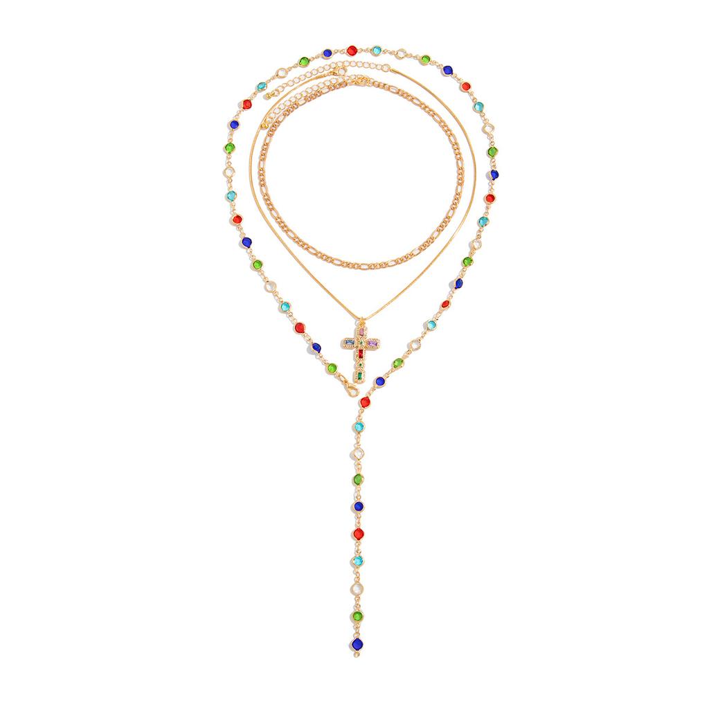 Light Luxury Colored Crystal Chain Stacked Long Necklace, Diamond-Encrusted Cross Pendant Collarbone Necklace