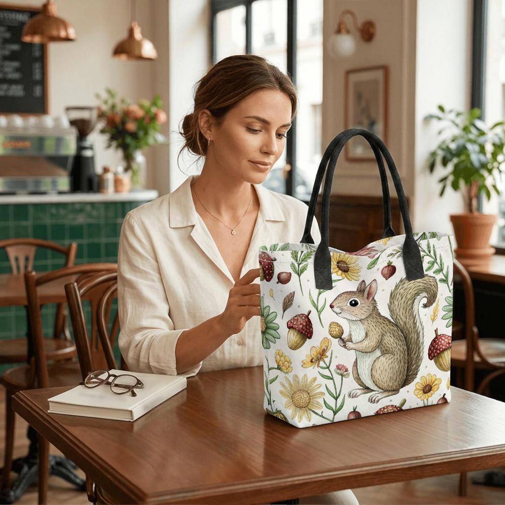 Cute Squirrel Floral Casual Canvas Tote Bag for Daily Shopping