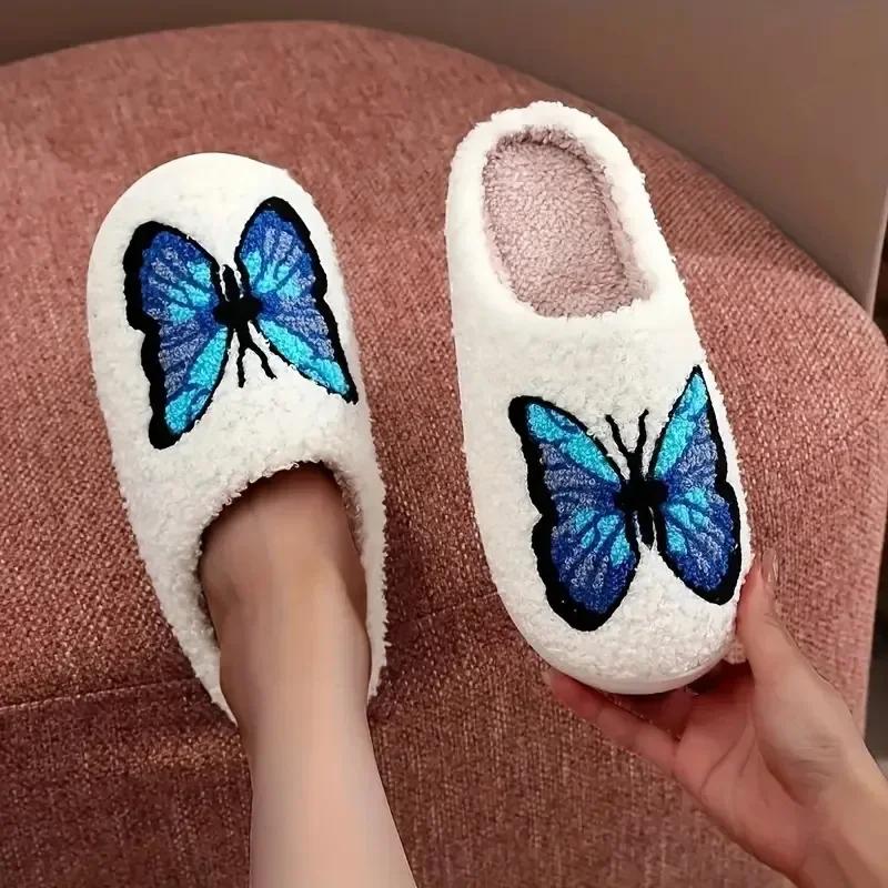 

Cartoon Butterfly Print Home Slippers Women Winter Plush Warm Soft Sole Cotton Shoes Woman Comfort Non Slip Flat Indoor Slippers 44-45 синий