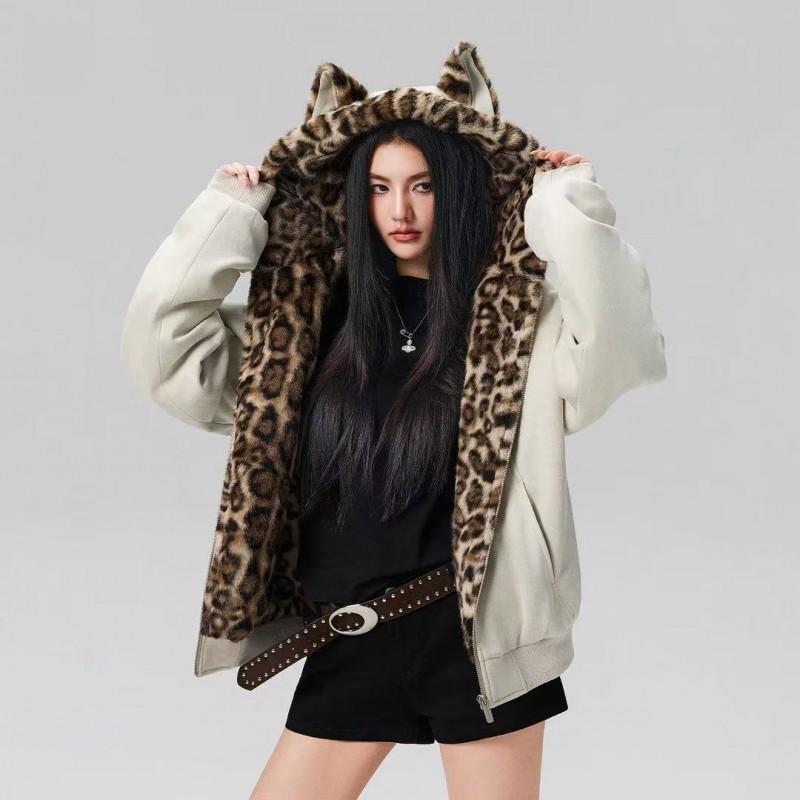 Vintage Leopard Print Cat Ear Hooded Padded Jacket Loose Fit Warm Winter Coat Men Women