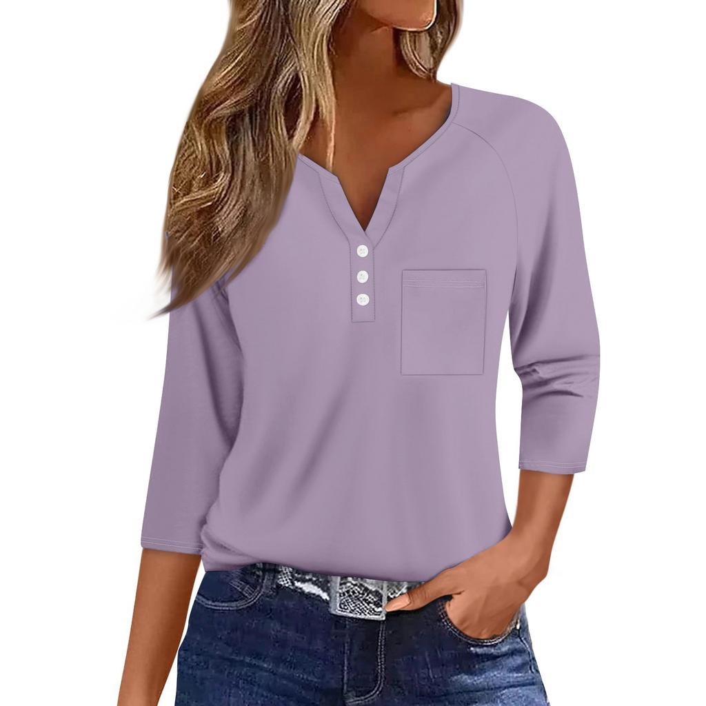 Ladies Casual Fashion V-neck Loose Versatile Color Printed Three-quarter Sleeves