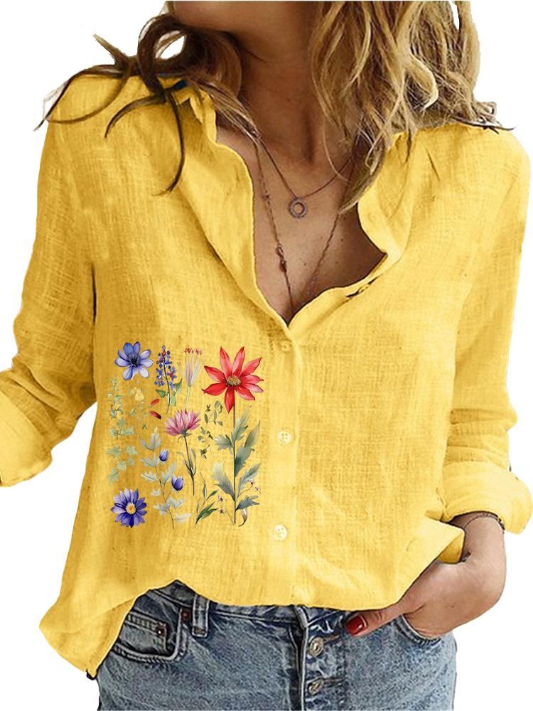 

Women Fashion Long Sleeve Shirt Loose Cotton Linen Top Ladies Casual Print Blouses 5XL жовтий