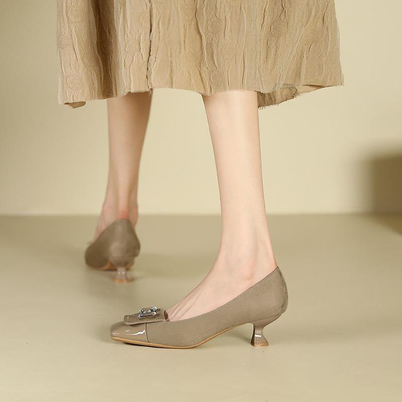 3-3 Splicing Rhinestone Single Shoes for Women, Not Tired Feet, Autumn New Square Head Thin Heel Suede High Heels for Women