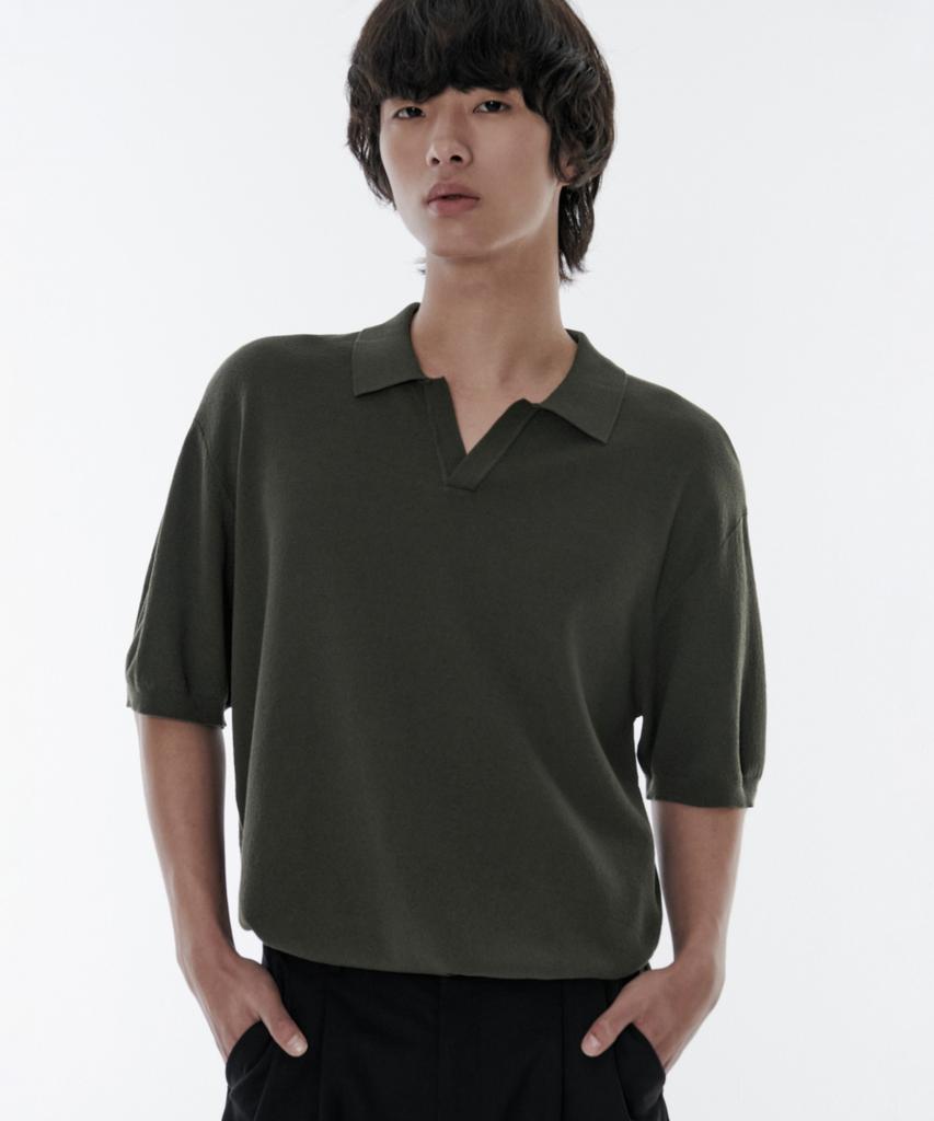 Musinsa Standard Cool Touch Slit Neck Knitted Polo Shirt [Khaki]