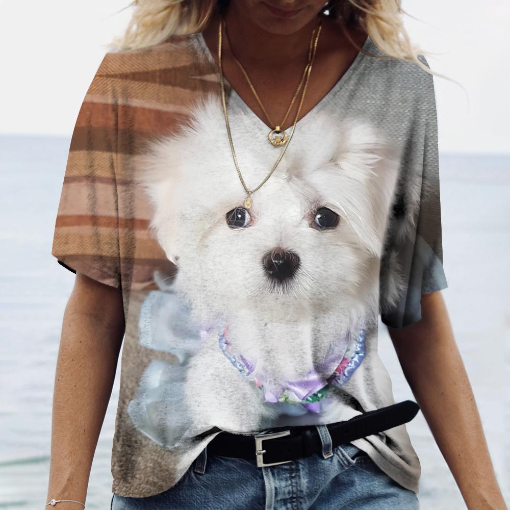 

Лидер продаж, женская футболка с 3D принтом собаки, летние модные топы с короткими рукавами, хлопковая уличная одежда с v-образным вырезом, повседневный пуловер в стиле Харадзюку S