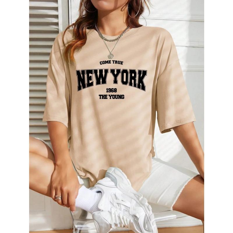 Summer Round Neck "NEW YORK 1968 THE YOUNG" Letter Printed Top Fashionable Casual Pure Cotton Short Sleeved Women's T-shirts