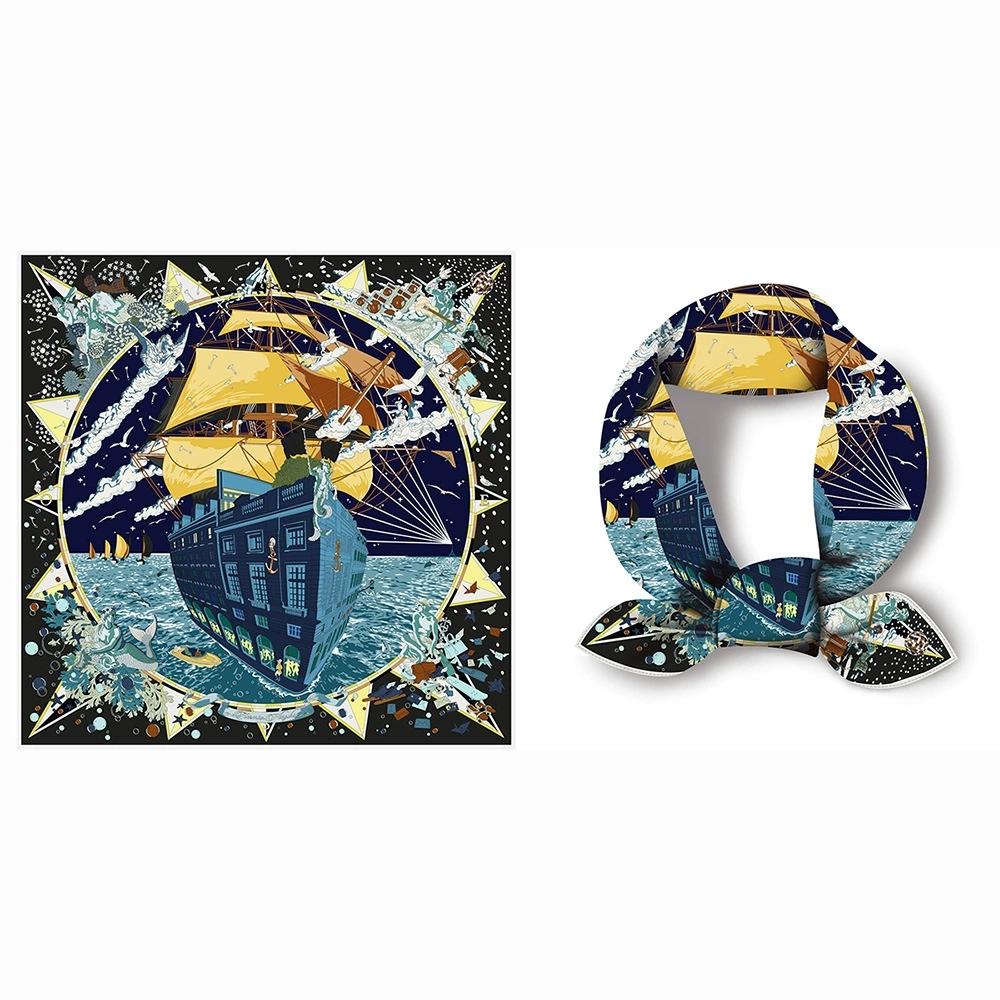 French 53cm New Dream Sailboat Women Twill Silk Scarf Versatile Decorative Square Necktie Small Scarf