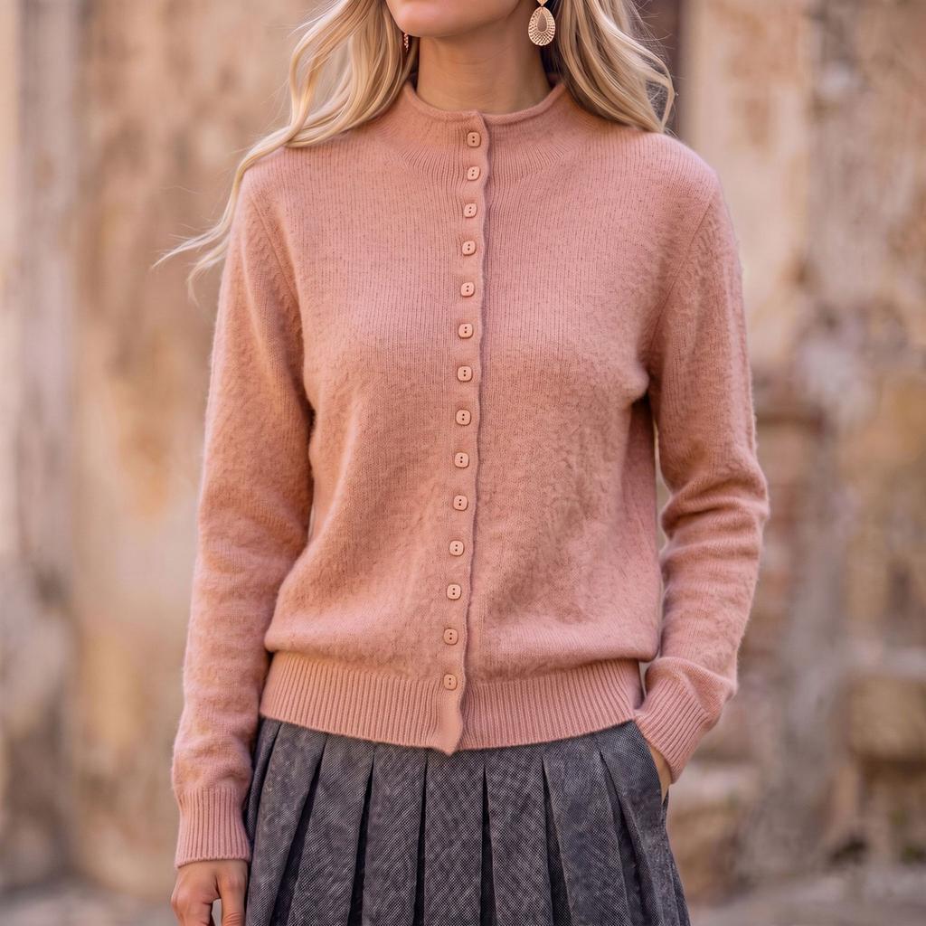 Women's Casual Color Knit Cardigan Sweater with Stand Collar and Button Front