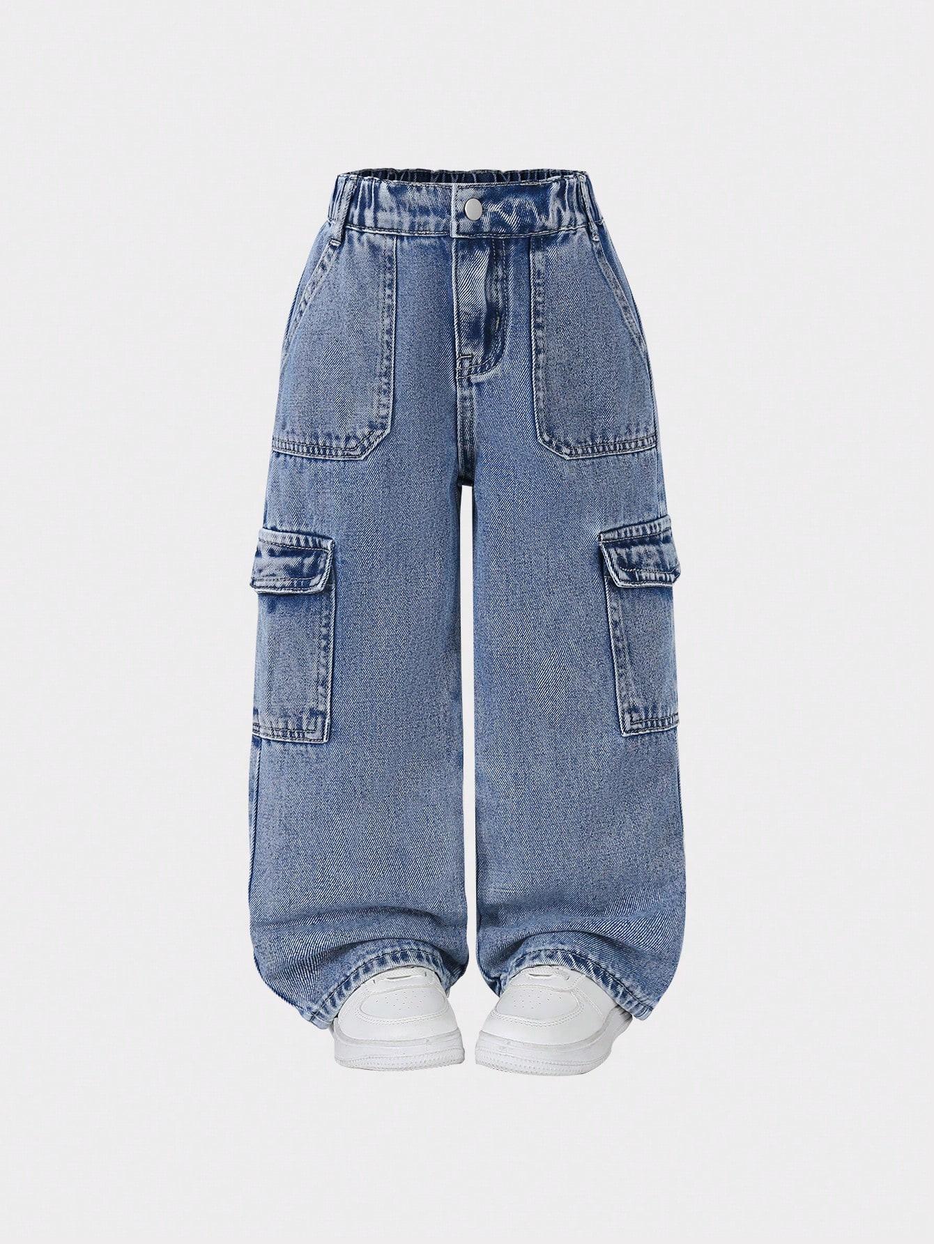 Single-piece set of stylish, casual, comfortable and versatile light blue wide-leg straight-leg cargo pants for little girls 4Y