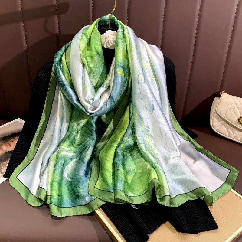 Spring and Summer Thin Silk Scarf High-end Printed Long Scarf New Satin Travel Sunscreen Scarf National Style Cloak
