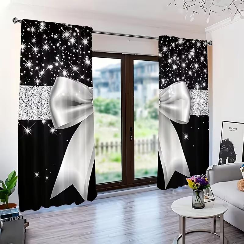2 Pcs Crystal silver bow print curtains,suitable for bedroom,living room kitchen decoration,home decoration,window decoration