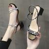 Sandals fairy fairy wind 2025 new rhinestone word with thick heel Roman high heels Internet celebrity two wear summer women's shoes