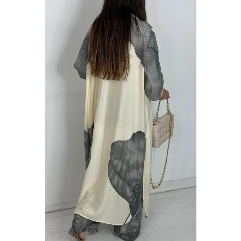 Set Elegante Primavera Estate Moda Stampata Camicia Lunga Pantaloni a Gamba Larga Completo Casual Lento Oversize Set Donna