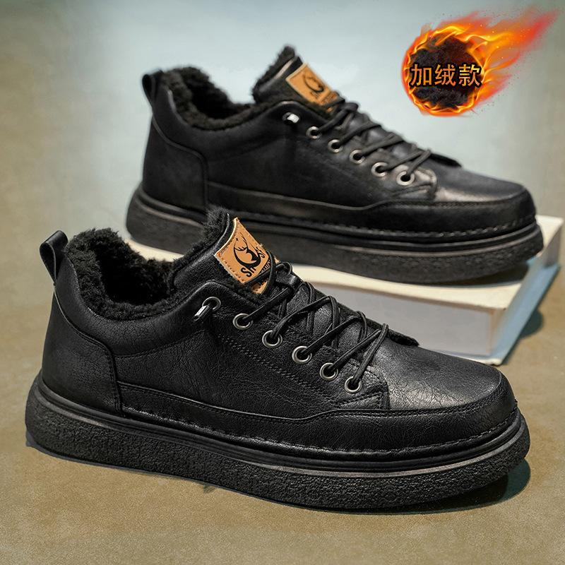 Winter Velvet Martin Boots Waterproof and Non-slip Short Boots Thickened Warm Cotton Shoes Black Leather Shoes Short Boots