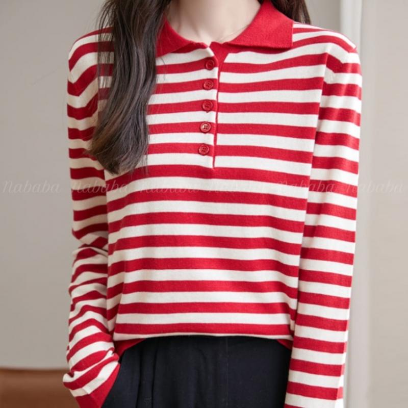Navava Striped Button Collar Long Sleeve Knit Top Nk3135