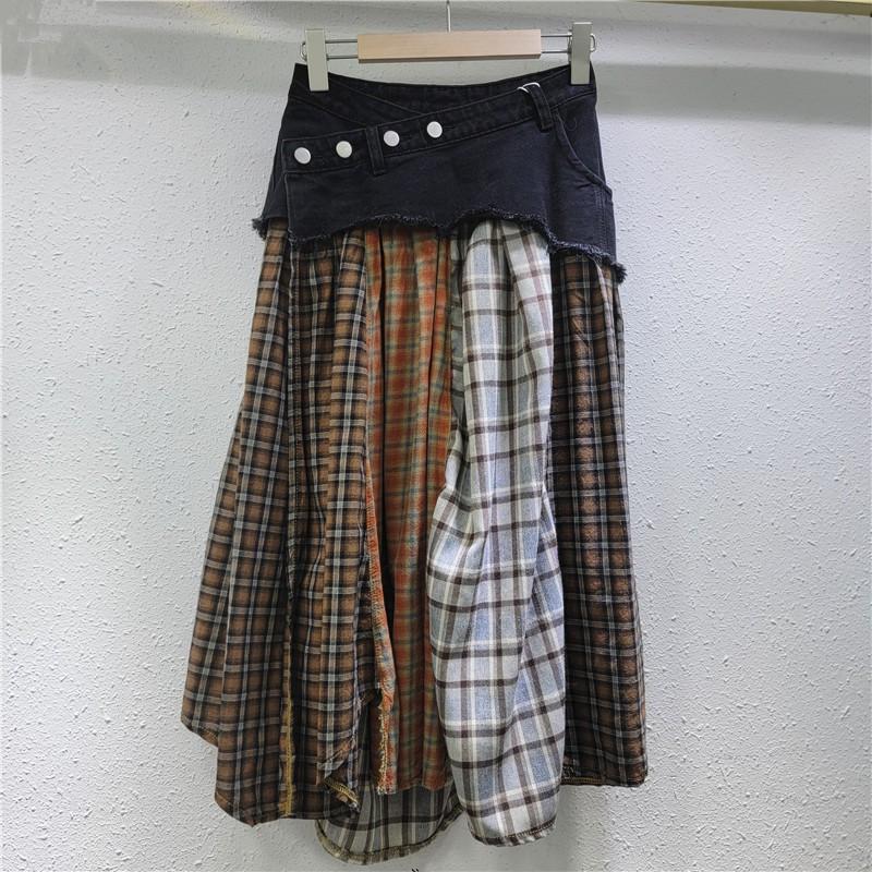 Womens Patchwork Plaid Denim Midi Skirt High Waist A-Line Slim Fit Street Style