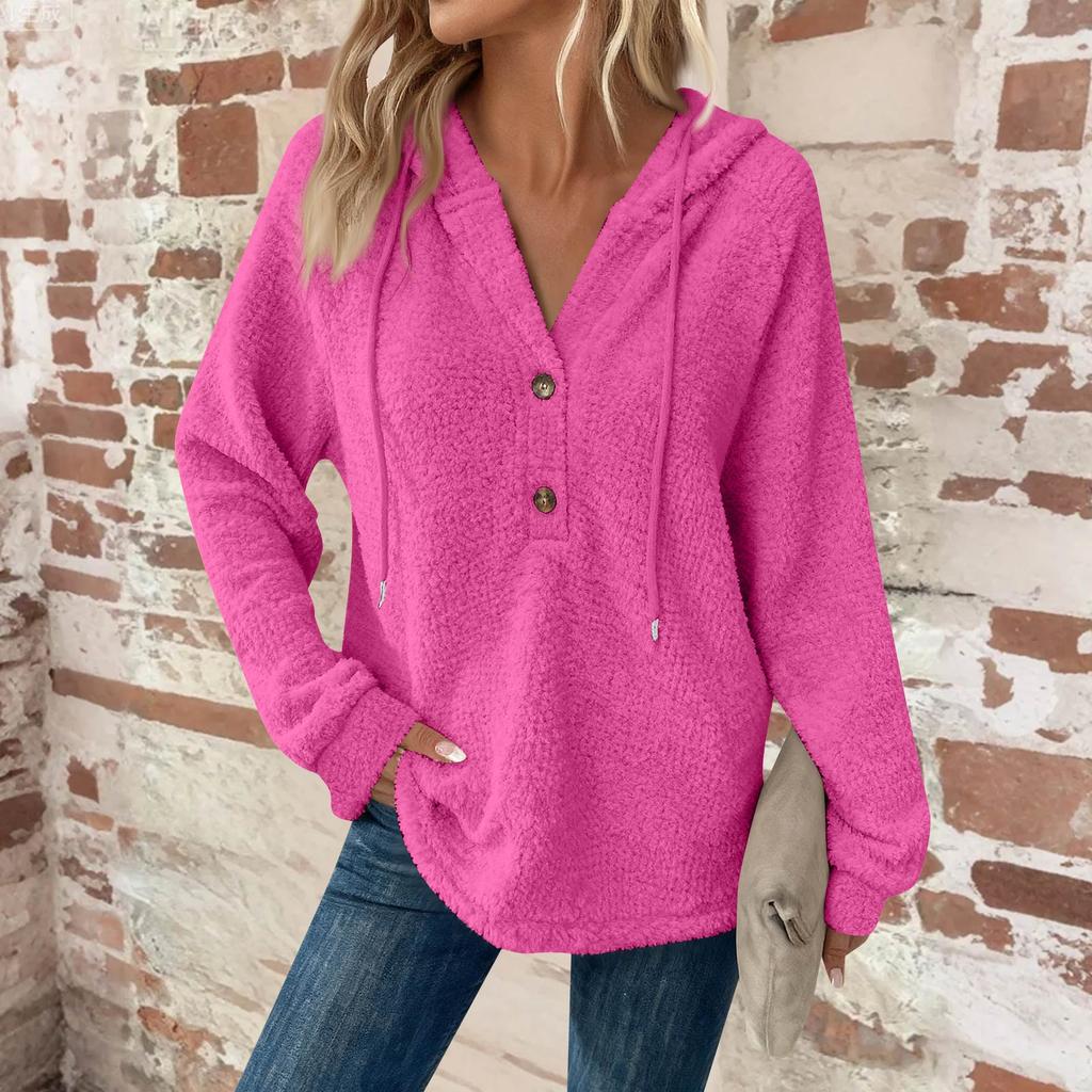 Women's Fashion Long-Sleeved Drawstring Button-Up V-Neck Casual Fleece-Lined Solid-Colour Hooded Sweatshirt Top