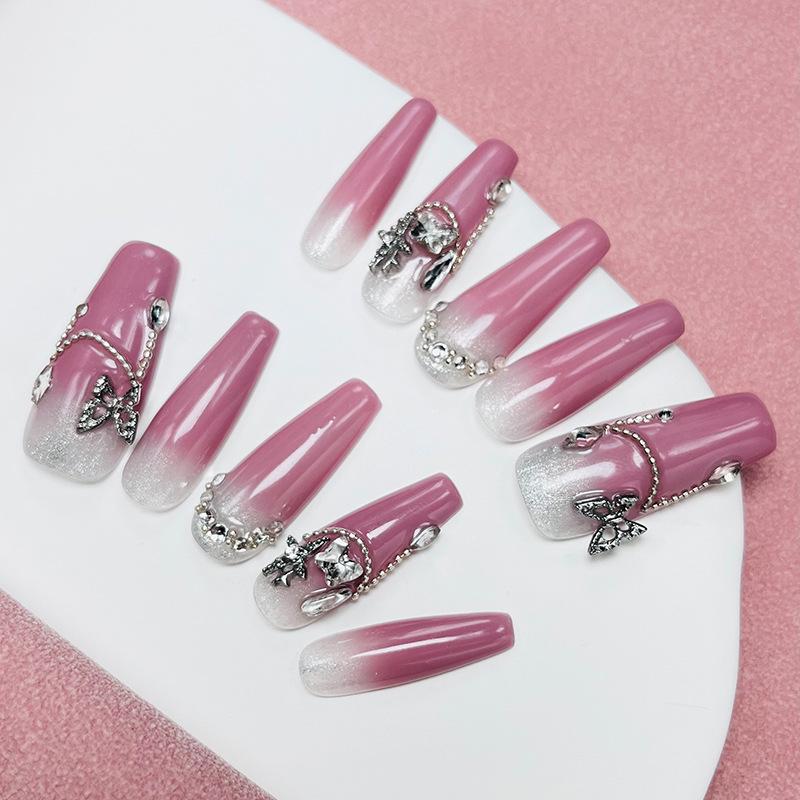 Peach Pure Handmade Cat Eye Sparkle Nails - Gentle Whitening Manicure Stickers Extra Small XS