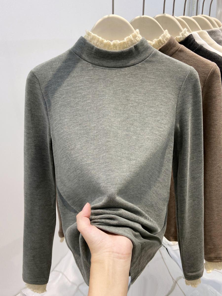 

Women s Lace Half-High Neck Base Layer Top, Thickened Brushed Interior, Slim-Fit Long-Sleeve T-Shirt for Autumn/Winter. Large