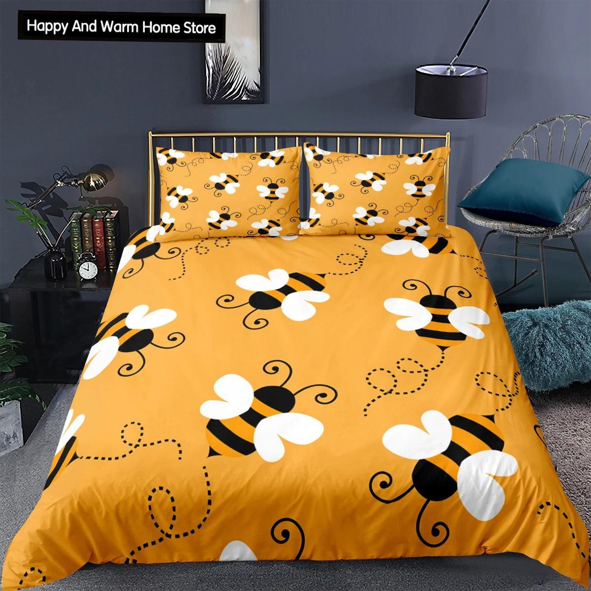 

Cartoon Bee Duvet Cover King Queen Yellow Flying Animal Bedding Set Boys Girls Flowers Comforter Cover EU single(135x200cm)