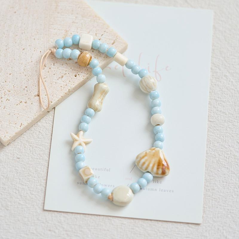 

New pink cartoon bear mobile phone chain DIY mobile phone case lanyard lanyard square plaid ceramic mobile phone chain