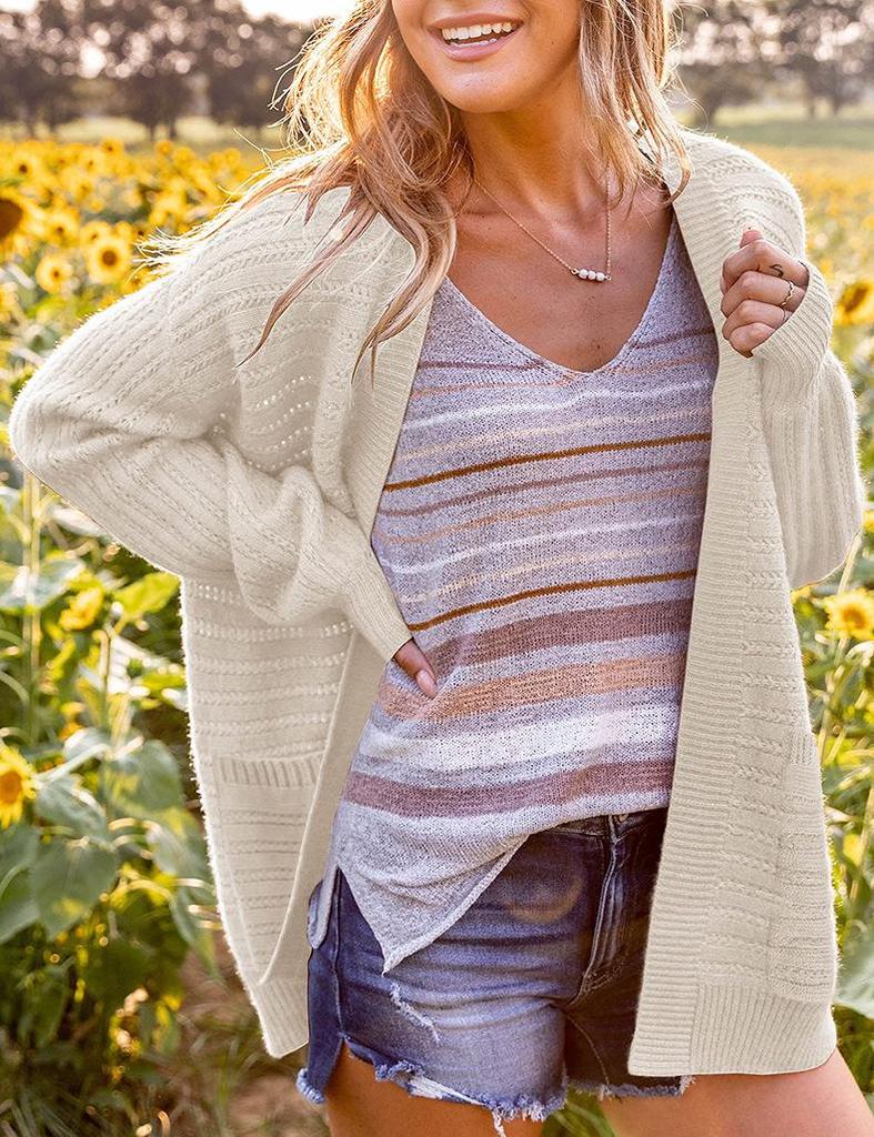 European & American Women's Hollow Knit Lantern Sleeve Cardigan - Autumn/Winter 2024 Style.