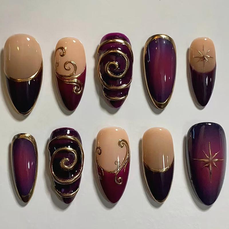 24PCS Metallic Silver Patterns Black French Press On Nails Sweet Cool Long Stiletto Fake Nails for Women Simple Ins Almond Nails