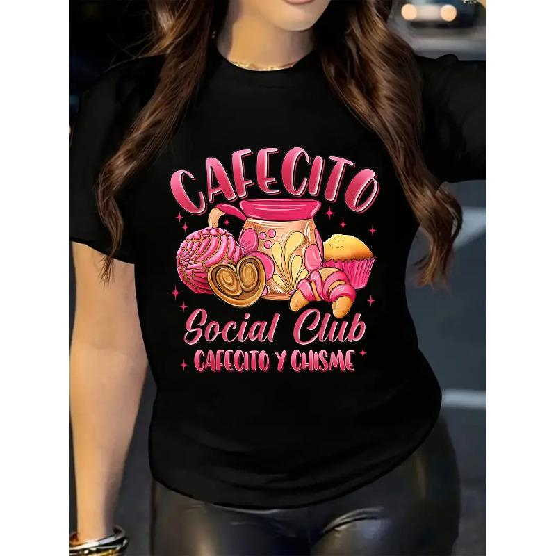 European Size Plus Size, Women's "Cafecito Social Club" Coffee & Cake Print T-Shirt - Casual Round Neck, Short Sleeve, Stretchy Polyester Blend