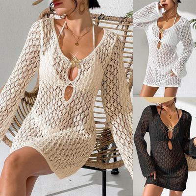 Frühling Sommer Häkeln Ausgestanzt Strand Überwurf Damen Langarm Strick Mini Kleid