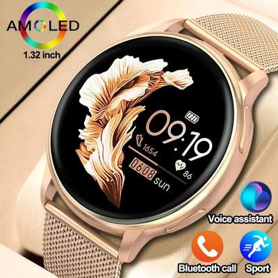 SACOSDING - Reloj inteligente de lujo dorado para mujer, pantalla HD de 1,32 pulgadas, esfera deportiva personalizada, control del ritmo cardíaco y llamadas de voz, ideal como regalo