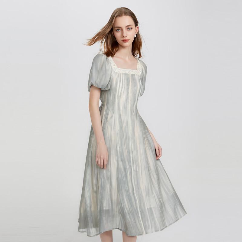 

Fashion Square Neck Lace Trim Short Sleeve Midi Dress M