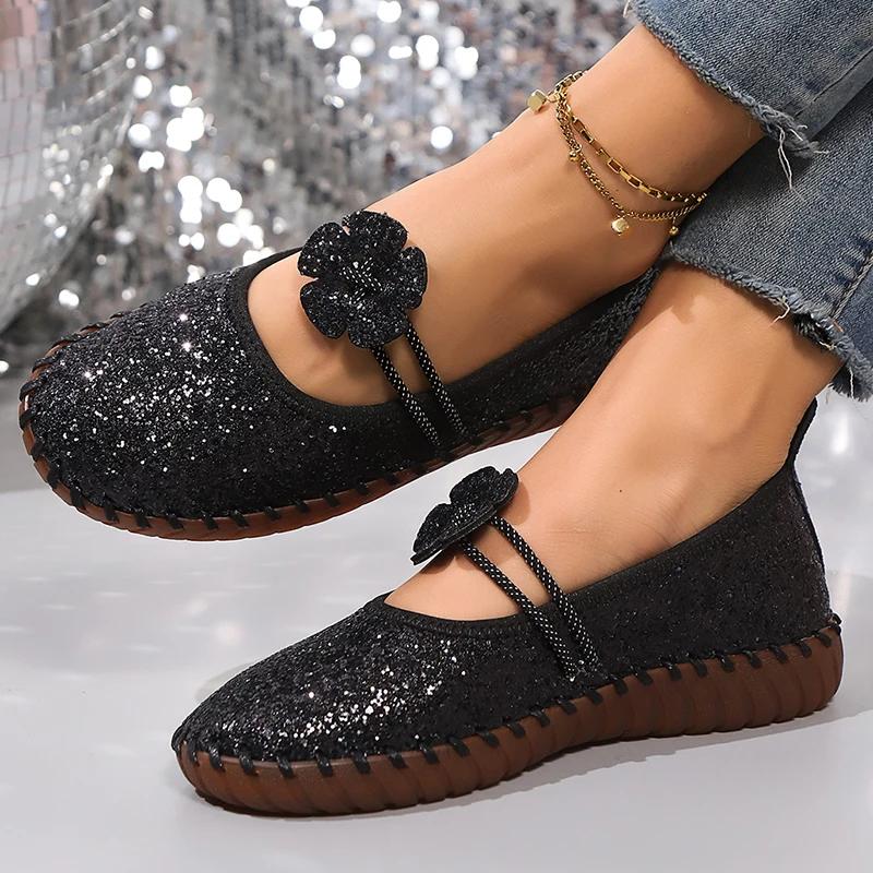 Fashion Women's Silver Shiny Sequin Decor Flats Summer Soft Sole Non Slip Casual Shoes Woman Plus Size Comfort Light Platform Loafers