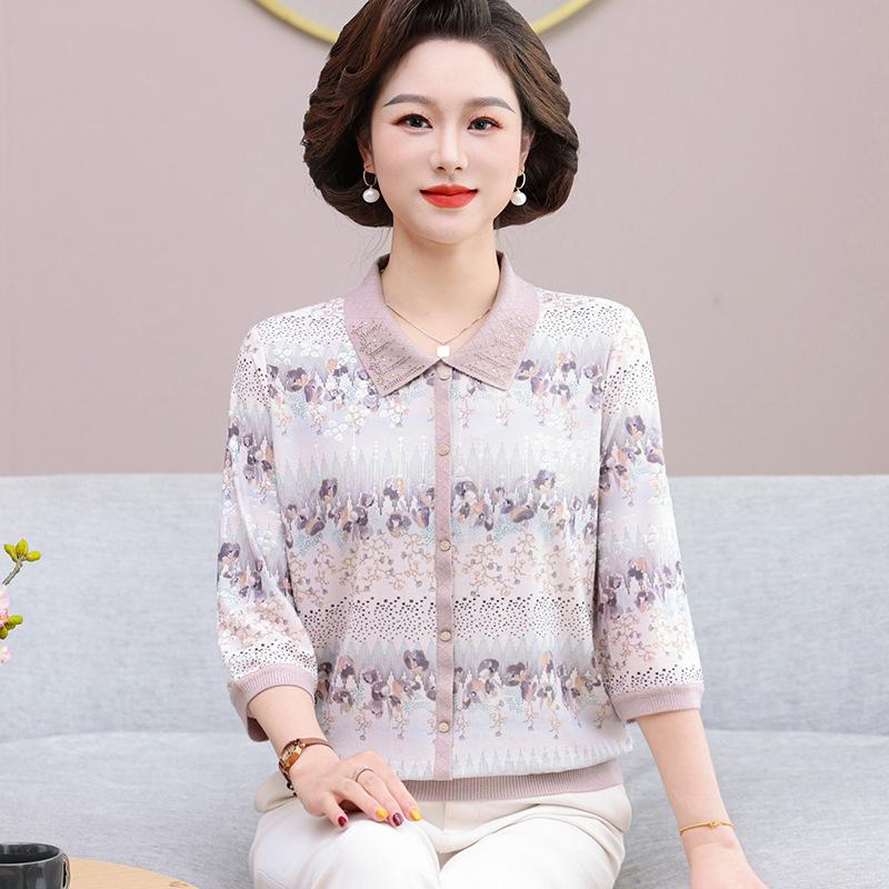 

Chic Spring Lapel Mid-Sleeve Top for 50-Year-Old Women 4XL (135-150 jin) бежевий/верблюд