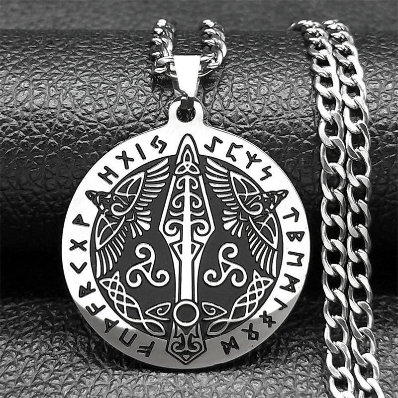 Viking Odin Rune Sword Shield Pendant Necklace Antique Stainless Steel Viking Jewelry