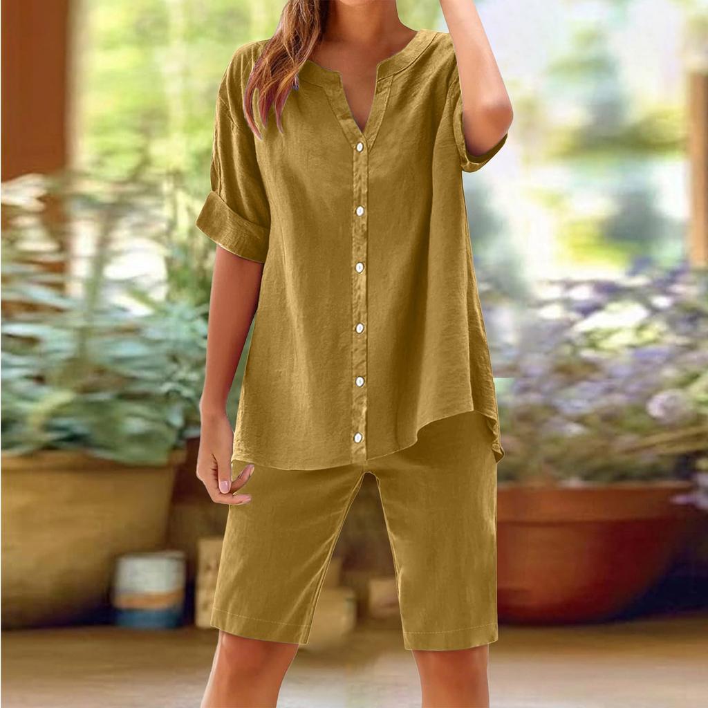 Women's Casual Fashion Sexy  Short Sleeve Pullover Shirt Round Neck Literary Retro Solid Color Casual Split Suit