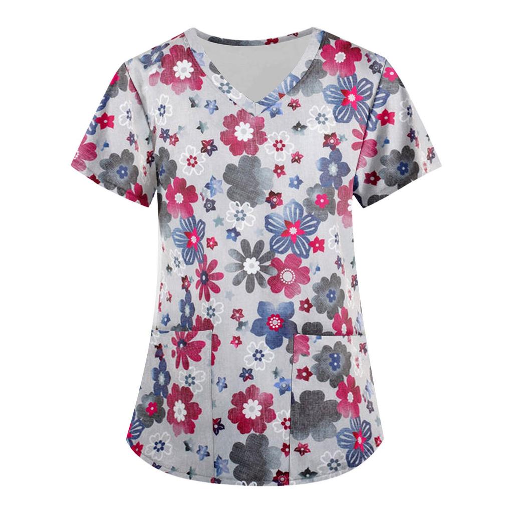 Women's Fashion V-neck Short Sleeve Workwear With Pockets Printed Tops