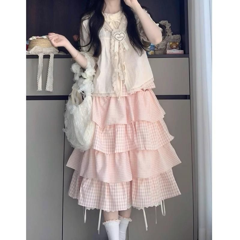 Cute Sweet Girl Dopamine Wears a Complete Set of Women's Summer College Style Straps Shirt Pink Plaid Cake Skirt Two-piece Set