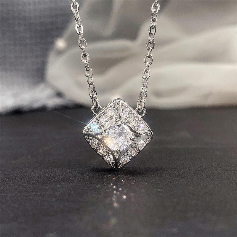 Silver Plated 2PCS Square Halo CZ Jewelry Set, Geometric Brilliant Cut Necklace & Stud Earrings Set for Women