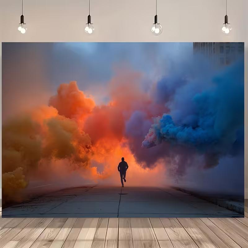 

2D Urban Smoke Art Backdrop, Gradient Orange Blue Smoke Clouds with Running Man Background Cloth 47.2x31.5inch/120*80cm