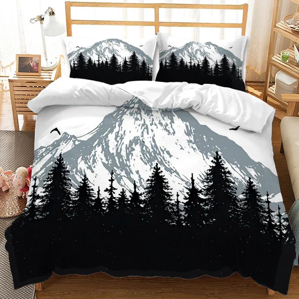 3D Mountain Forest Duvet Cover Set Snow Mountain Winter Theme King Queen Size Comforter Cover for Kid Teen Polyester Bedding Set