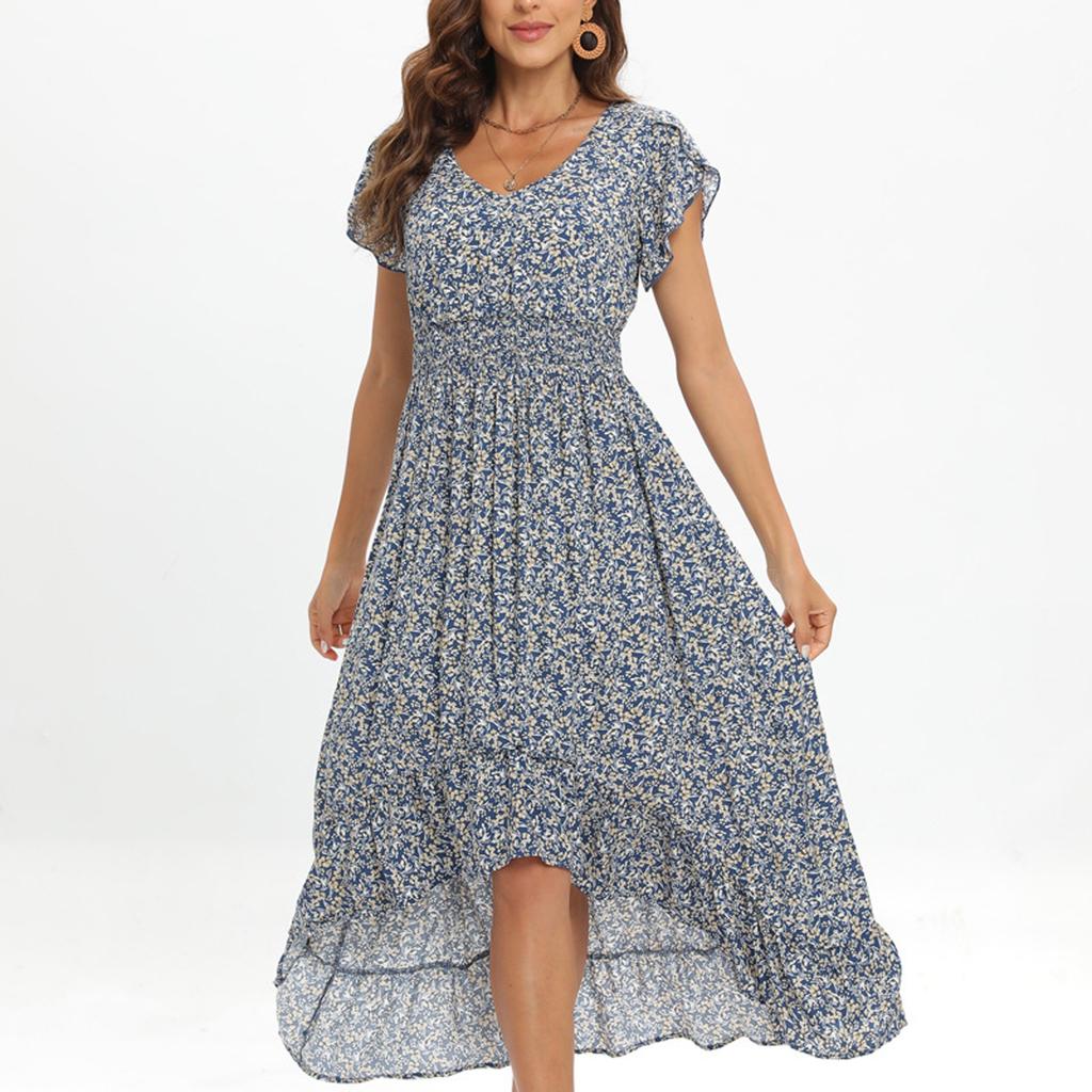 Women's Casual Fashion Floral Print Short Sleeved Dress Long Skirt Dress Long Skirt