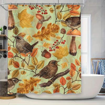 Autumn Leaves Birds Shower Curtain Waterproof Fabric Bathroom Decor for Fall Theme Home Decoration.