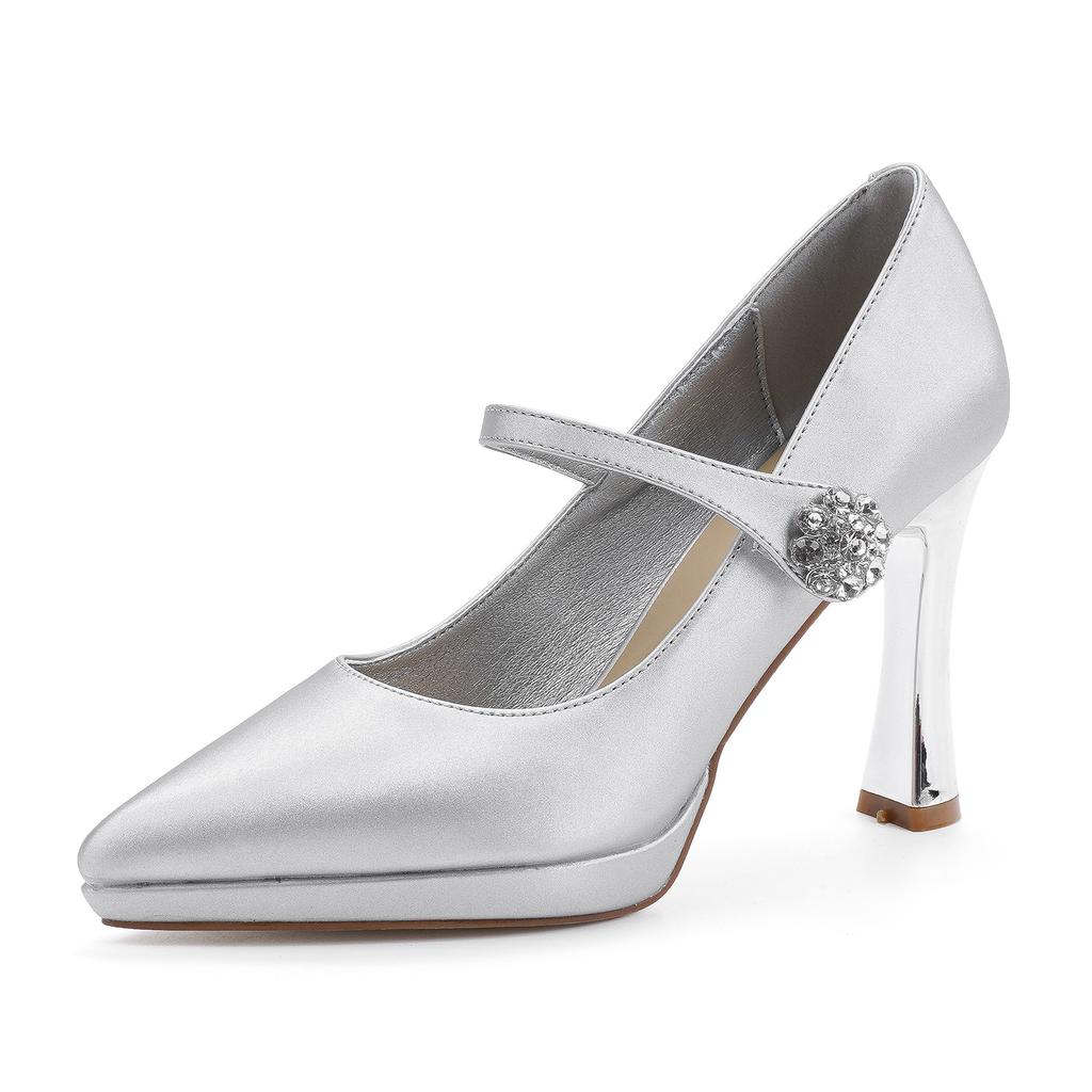 10522 [sheepskin] high heels women's thick heel 2025 new pointed Mary Jane shoes silver waterproof table shoes